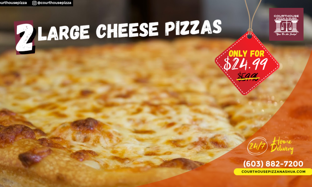 Make your Fridays and Weekends extra cheesy with our x2 Large Cheese Pizzas special ! Order at your Court House Pizza now!